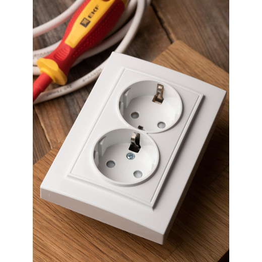 Минск Розетка 2-местная СП с заземлением 16А белая с защ. штор. EKF Basic