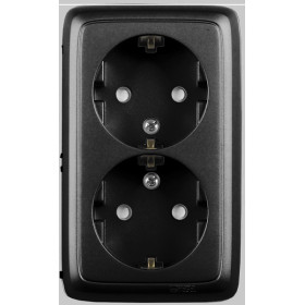 HEGEL Черный РА16-154-08 Розетка открытой установки, двухместная, с заземляющим контактом, со шторками, с изолирующей пластиной