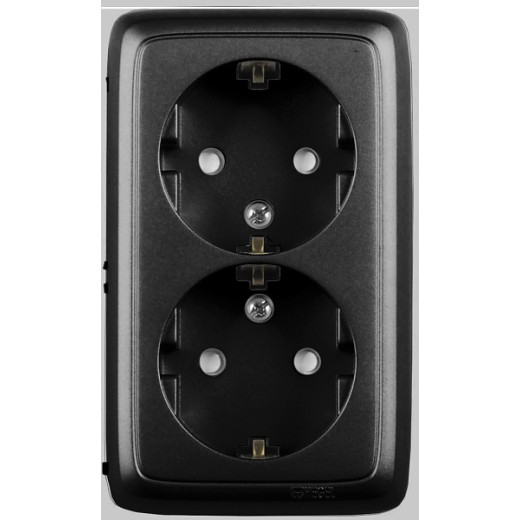 РА16-154-08 Розетка открытой установки, двухместная, с заземляющим контактом, со шторками, с изолирующей пластиной, цвет черный