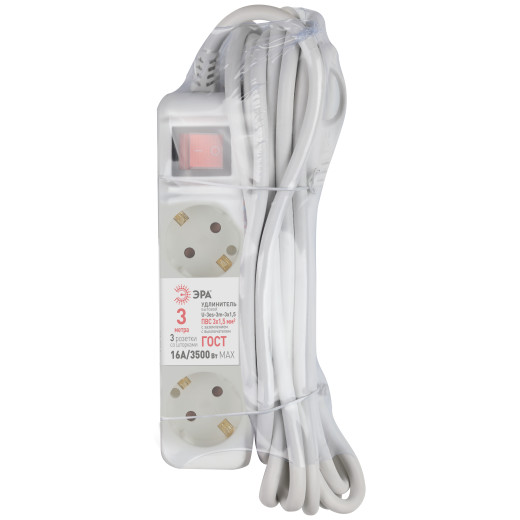 Удлинитель электрический ЭРА U-3es-5m-3x1,5 с заземлением с выключателем 3 розетки 5м ПВС 3x1,5мм2 16А