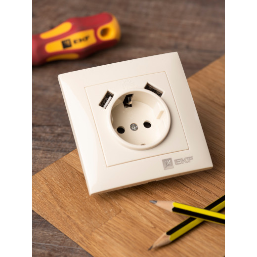 Валенсия розетка 1-местная с/з 16А кремовая с защ. штор. с 2 USB 2,1А EKF PROxima