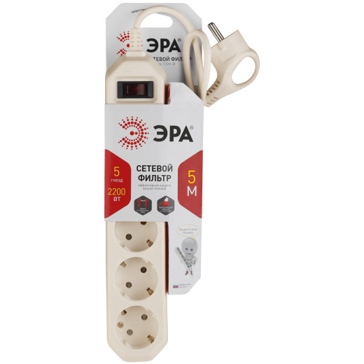 Сетевой фильтр ЭРА  USF-5es-5m-I с базовой защитой с заземлением с выключателем 5 розеток 5м 10А слоновая кость