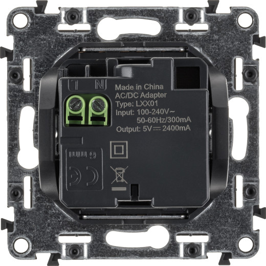 Valena ALLURE.Зарядное устройство с двумя USB-разьемами 240В/5В 1500мА.С лицевой панелью.Белое