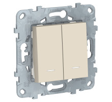 Schneider Electric Unica New Беж Переключатель 2-клавишный, 2 модуля, с подсветкой, 2 х сх. 6а