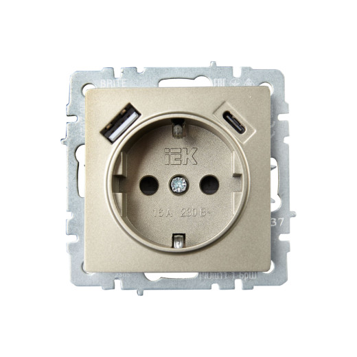 BRITE Роз. с з/к/ш 16А с USB A+C 18Вт РЮш11-1-БрШ шамп. IEK