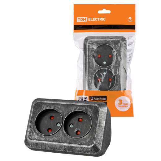 Розетка угловая двойная 2П открытой установки с з/ш IP20 250В 10А серебро 