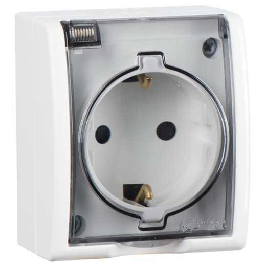 Simon15 Aqua Белый Розетка 1-я с/з с крышкой с защитными шторками наружная,IP54