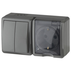 ЭРА Блок розетка с выключателем Эксперт 11-7402-03 двойной IP54 16A-10AX-250В ОУ серый