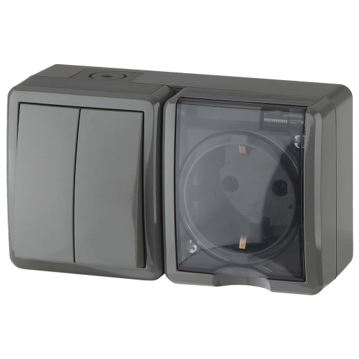 Блок розетка с выключателем ЭРА Эксперт 11-7402-03 двойной IP54 16A-10AX-250В ОУ серый