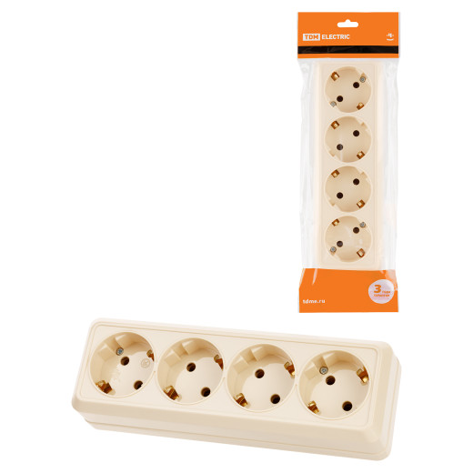 Розетка 4-х местная горизонтальная 2П+3 открытой установки IP20 16A сл. кость 