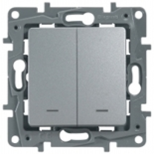 Выключатель двухклавишный с подсветкой/индикацией - Legrand Etika - 10А 250В безвинтовые зажимы - алюминий