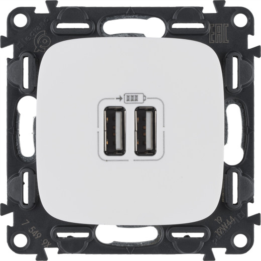 Valena ALLURE.Зарядное устройство с двумя USB-разьемами 240В/5В 1500мА.С лицевой панелью.Белое