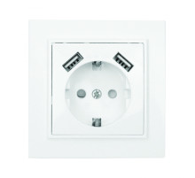 EKF Basic Минск Белый Розетка с/з, со шторками, 16А, с 2 USB 2,1А, СП.