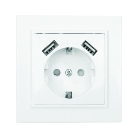 EKF Basic Минск Белый Розетка с/з, со шторками, 16А, с 2 USB 2,1А, СП.