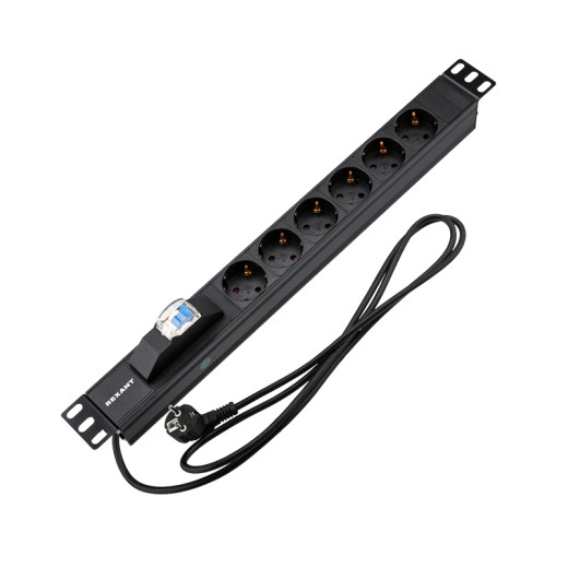 Блок распределения питания PDU горизонтальный 1U 6 розеток СЕЕ 7/4 Schuko 16A автомат защиты алюм корп шнур 2м вилка СЕЕ 7/7 Schuko черный REXANT