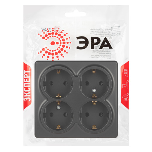 Розетка ЭРА Эксперт 11-2211-05 четырехместная с заземлением 4х2P+E Schuko со шторками IP20 16A-250В ОУ антрацит