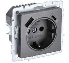 IEK BRITE BASE Сталь Розетка с з/к/ш 16А с USB A+C 18Вт РЮш11-1-БрС