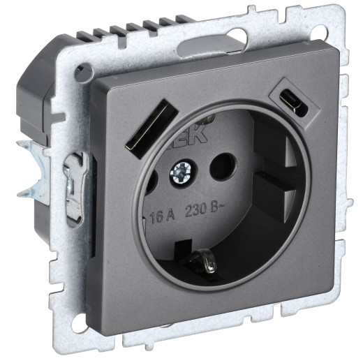 BRITE Роз. с з/к/ш 16А с USB A+C 18Вт РЮш11-1-БрС сталь IEK