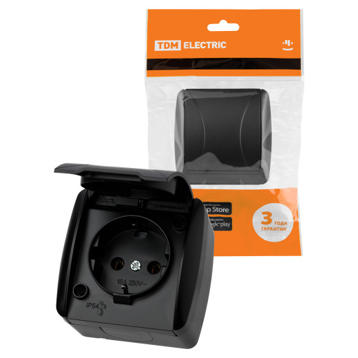 Розетка 2П+З открытой установки IP54 16А с крышкой графит 