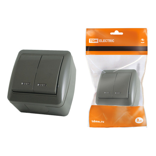 Выключатель 2-кл. открытой установки с подсветкой IP44 10А серый 