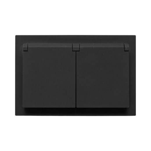 Механизм розетки двойной, 16А, IP44, с заземлением, со шторками, с рамкой, с крышками, чёрный Эпика EKF