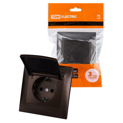 Розетка 2П+З 16А 250В IP44 с крышкой шоколад 
