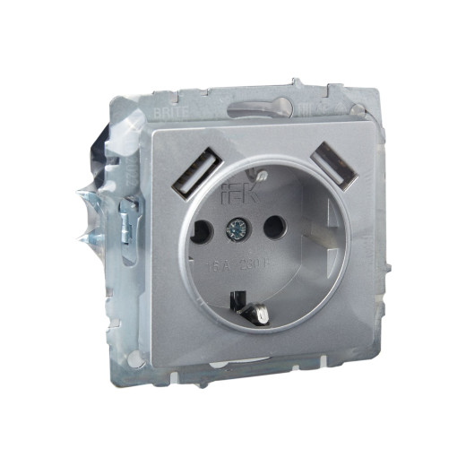 BRITE Роз. с з/к/ш 16А с USB A+A 3,1А РЮш10-2-БрА алюм. IEK