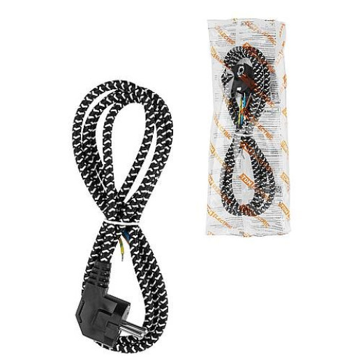 Шнур сетевой с вилкой в тканевой оплетке ПВС 3x0,75мм2 1,8м, 2400 Вт с/з черный TDM