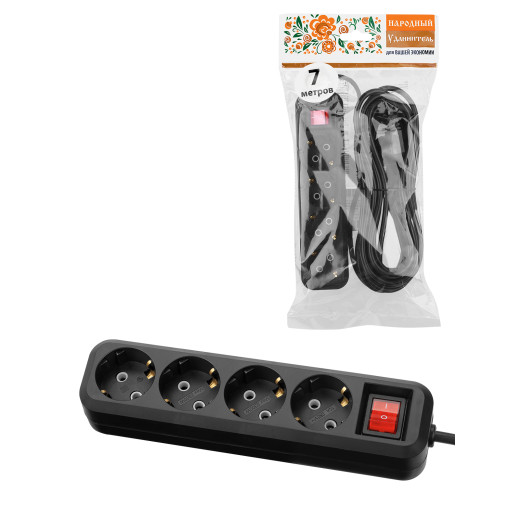 Удлинитель 4 гнезда, 7 метров, с/з, выкл., 10 А, 2300 Вт, черный, НАРОДНЫЙ