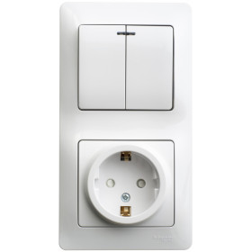 Systeme Electric Glossa Бел Блок: розетка с/з со шторками и 2-кл. выключатель с подсветкой