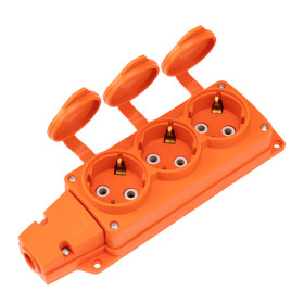 REXANT Розетка (колодка) влагозащищенная с крышкой 3 гнезда COMPACT, с/з, 16А, IP54, каучук, оранжевая.