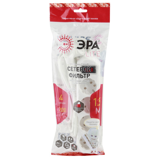 Сетевой фильтр ЭРА  USF-M-4es-1.5m-W с защитой (термо) с заземлением с выключателем 4 розетки 1,5м 10А белый