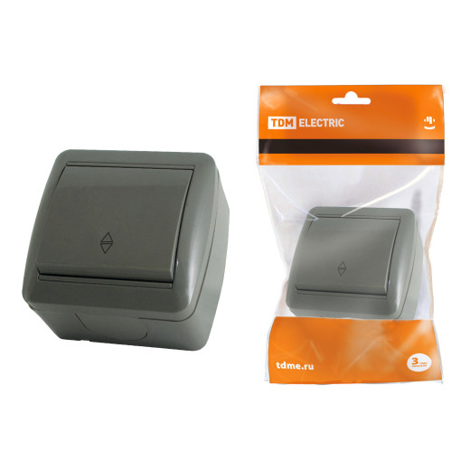 Выключатель на 2 направления 1-кл. открытой установки IP44 10А серый 