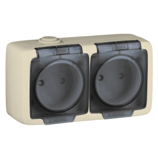 РА16-242-01 Розетка открытой установки, двухместная, со шторками, брызгозащищенная, цвет слоновая кость