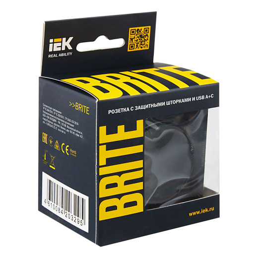 BRITE Роз. с з/к/ш 16А с USB A+C 18Вт РЮш11-1-БрЧ черн. IEK