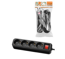 TDM Удлинитель 4 гнезда, 1,5 метра, с/з, выкл., 10 А, 2300 Вт, черный, НАРОДНЫЙ
