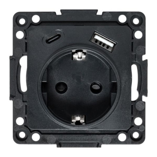 Стокгольм Механизм Розетки 1-местной с/з, USB A+C 16А винтовые клеммы черный с защ. штор. EKF