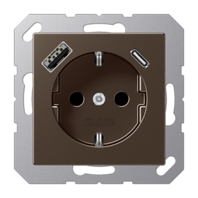 JUNG Розетка SCHUKO с USB-зарядным устройством, тип A + тип С; термопласт; мокка