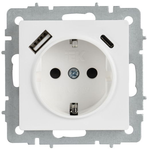 BRITE Роз. с з/к/ш 16А с USB A+C 18Вт РЮш11-1-БрАБ а/б IEK