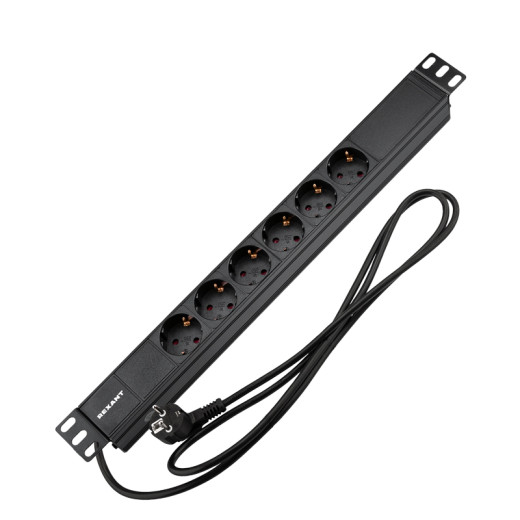 Блок распределения питания PDU горизонтальный 1U 6 розеток СЕЕ 7/4 Schuko 16A без выкл алюм корп шнур 2м вилка СЕЕ 7/7 Schuko черный REXANT