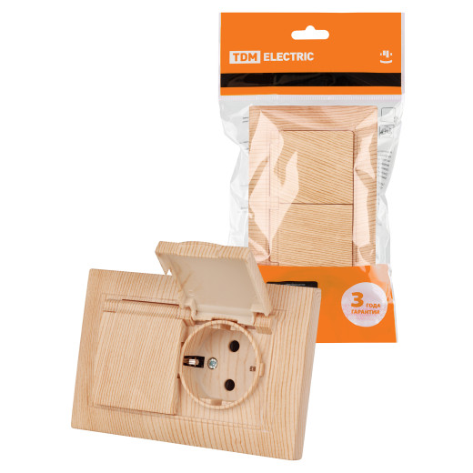 Розетка двойная 2П+З 16А 250В IP44 с защ. шт. с  крышкой сосна 