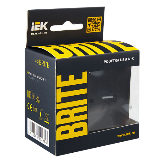 BRITE Роз. USB A+C 18Вт РЮ11-1-БрЧ черн. IEK