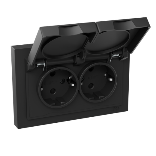 Механизм розетки двойной, 16А, IP44, с заземлением, со шторками, с рамкой, с крышками, чёрный Эпика EKF