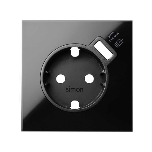 Simon 100 Черный глянец Накладка розетки Schuko с з/у USB SmartCharge
