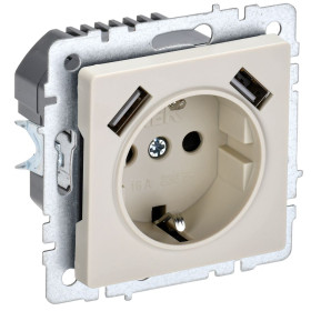 IEK BRITE BASE Бежевый Розетка с з/к/ш 16А с USB A+A 3,1А РЮш10-2-БрКр