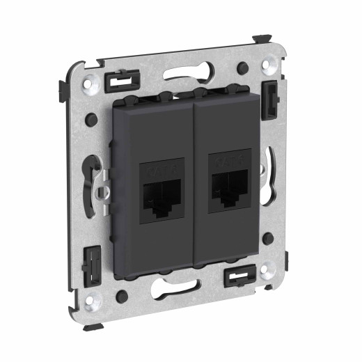 Компьютерная розетка RJ-45 без шторки в стену, кат.6 двойная, Avanti, черный матовый