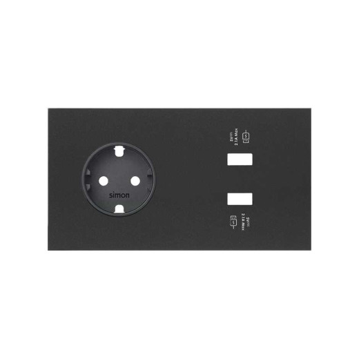 Simon 100 Черный матовый  Кит 2 поста, фронт. Накладка на 1 розетку Schuko + 2 з/у USB SC