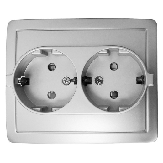 Розетка двойная с заземлением 2х2Р+Е, с защитными шторками,винт.зажим,16А, 250В,алюминий