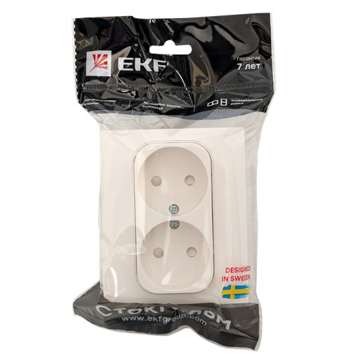 Стокгольм Розетка 2-местная б/з 10А автоматические клеммы белая с защ. штор. EKF PROxima