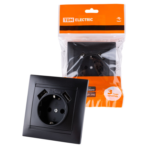 Розетка 2П+З 16А 250В + 2 USB порта 2,1А 5В графит 